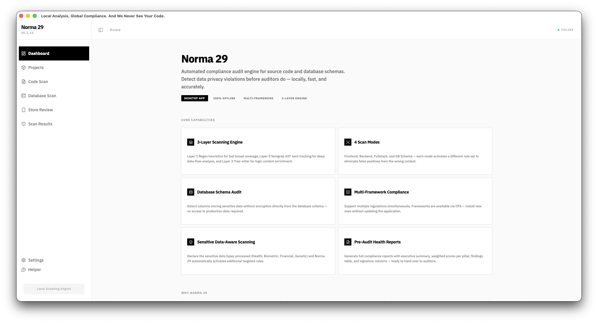 The Norma 29 desktop app open on its dashboard, listing scanning capabilities beside a sidebar of scan types.