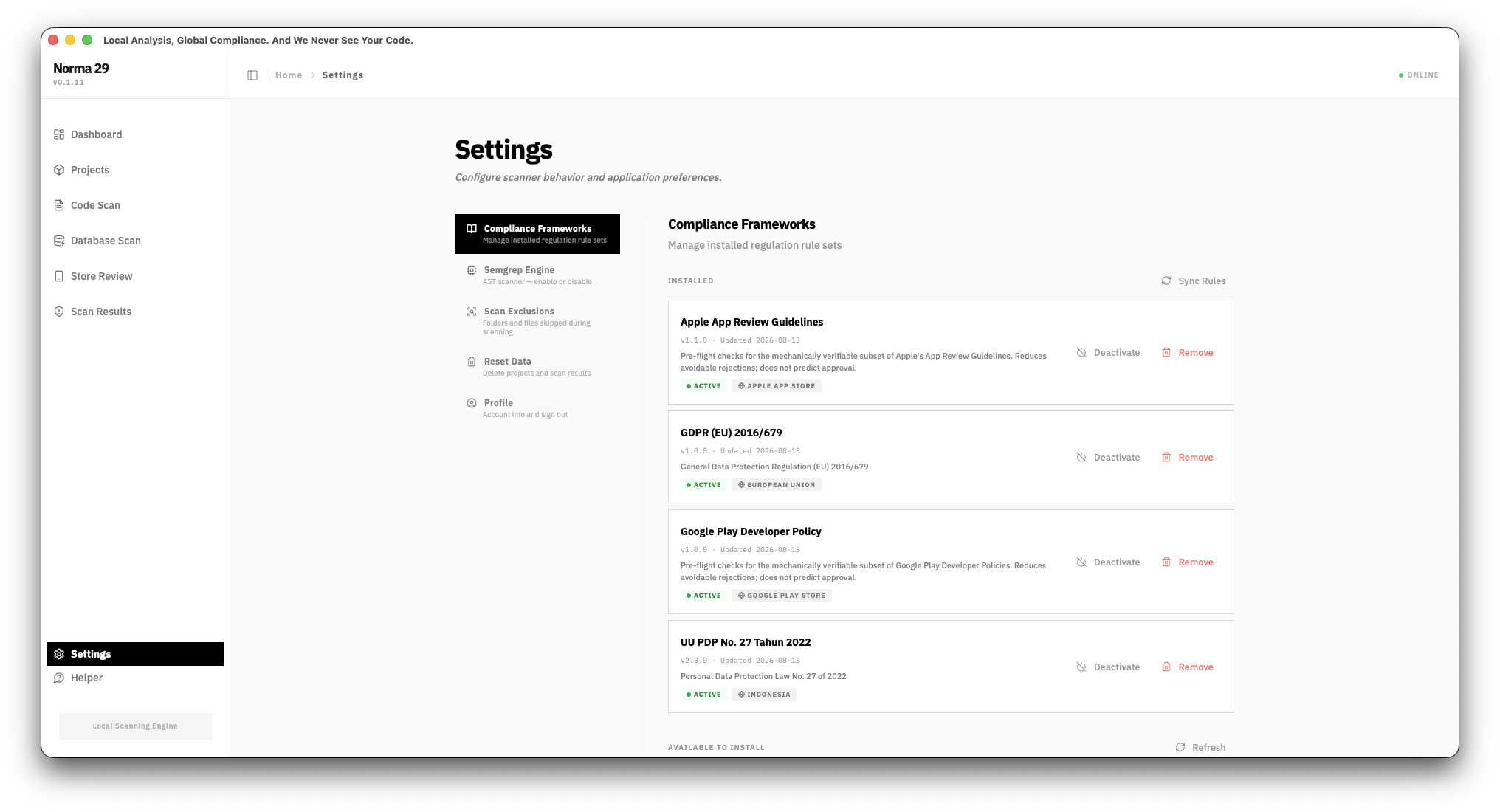 The framework settings screen, listing four installed frameworks with individual version numbers and the date each was last updated.